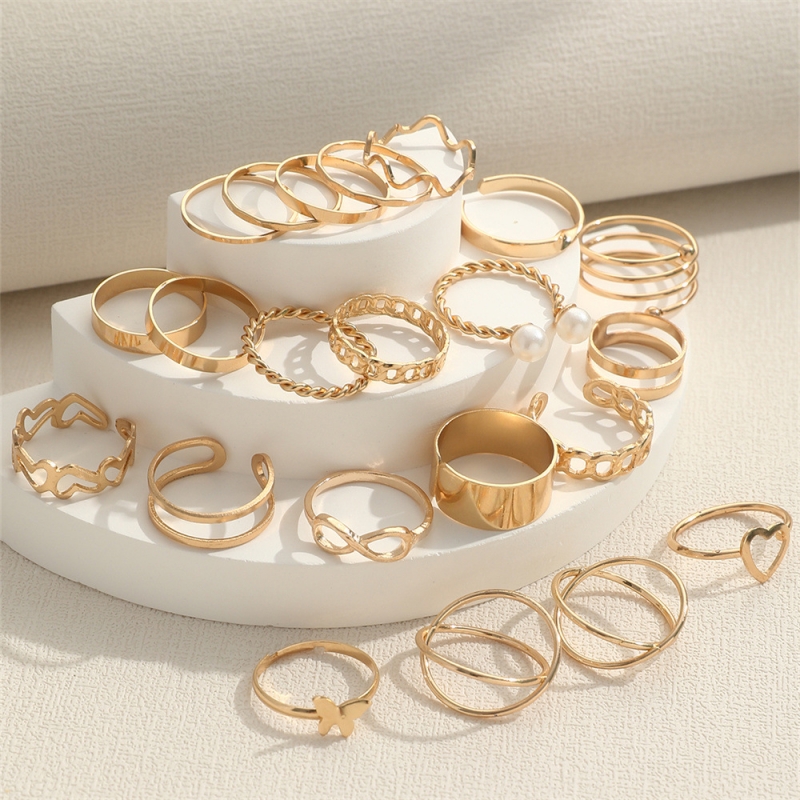 Conjunto De Anel Banhado A Ouro Ajustável Coração Aberto Geométrico Empilhável Anéis De Dedo Moda Jóias Para Festa Femin