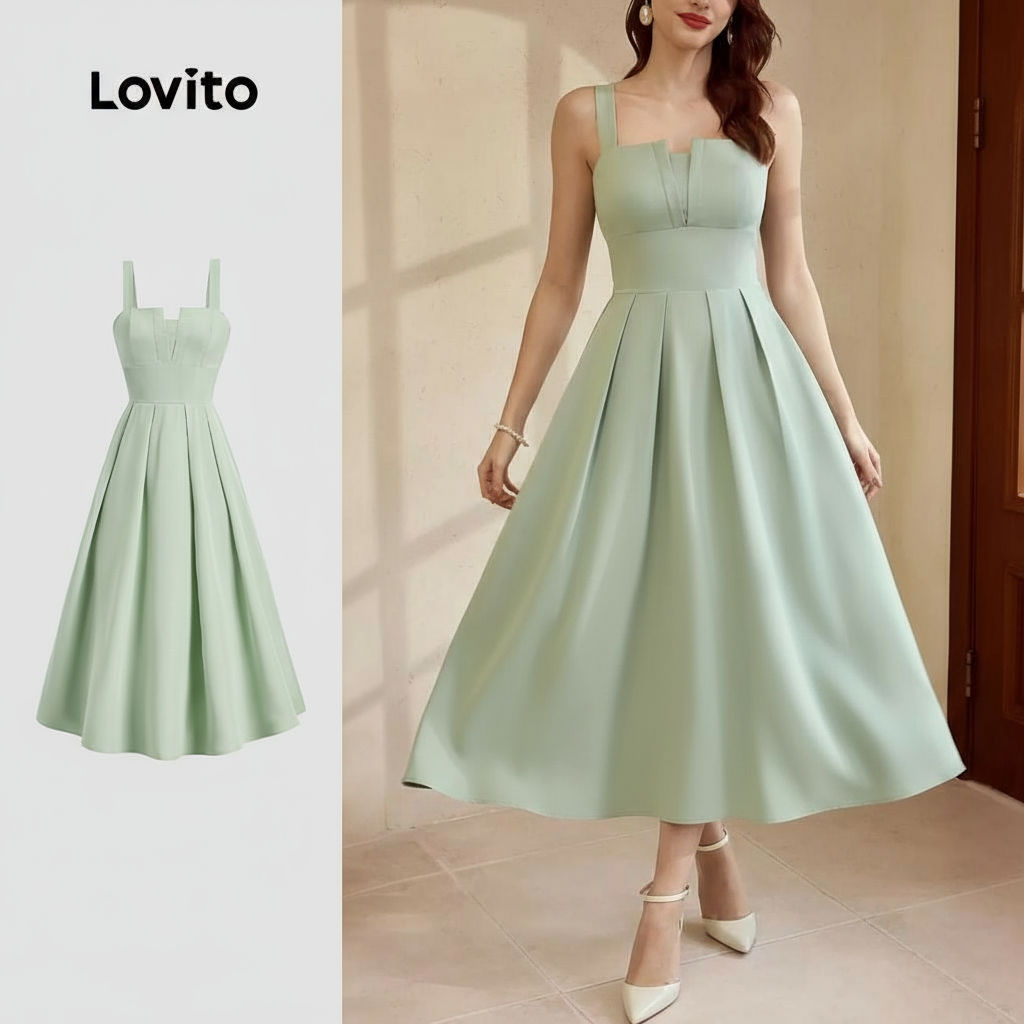Lovito Vestido Feminino Liso Plissado para Verão/Primavera L133ED956
