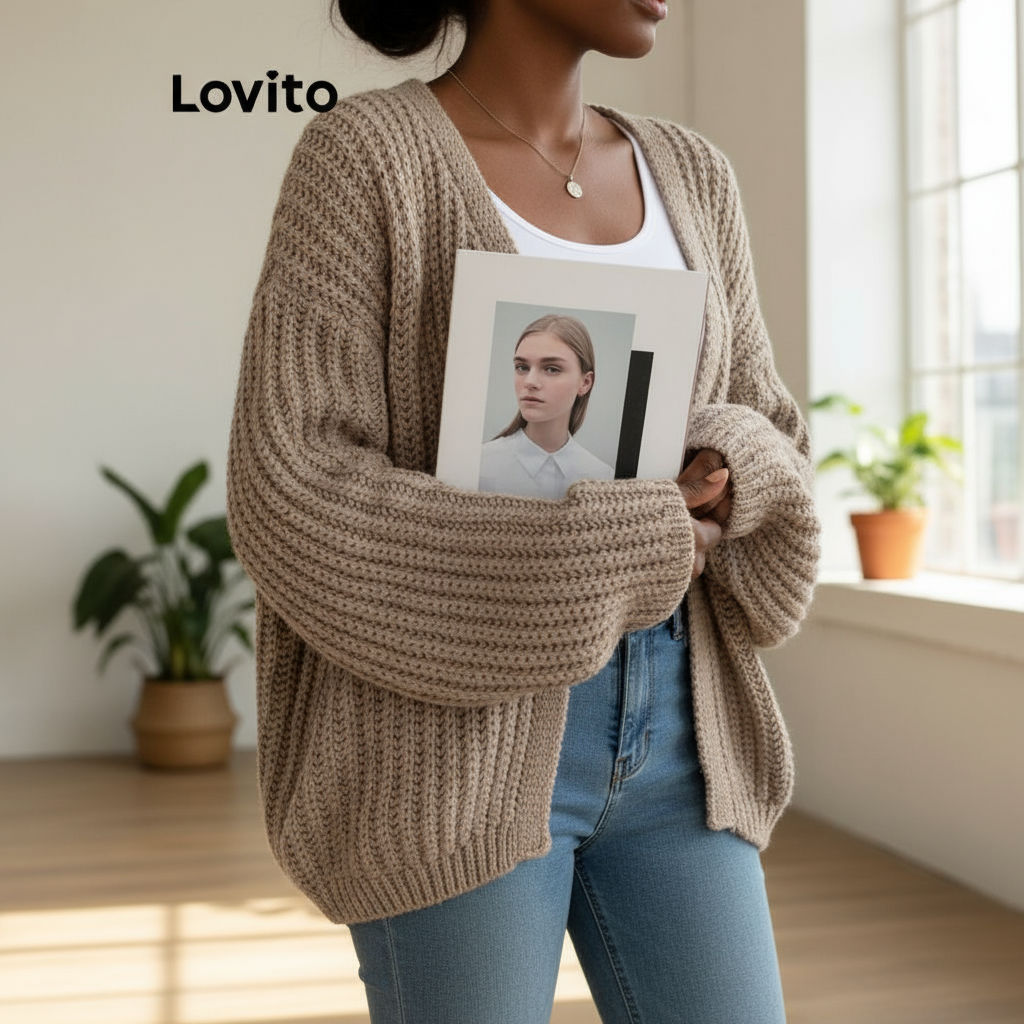 Lovito Cardigã Feminino Casual Básico em Cores Lisas LNA29158 - Caqui, Cinza e Off White em Oferta na Shopee