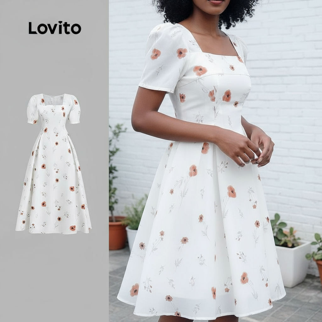 Lovito Vestido Casual Branco Feminino Primavera/Verão Boho Zíper Toque Suave Para Natal e Feriados LBL26154 em Oferta na Shopee