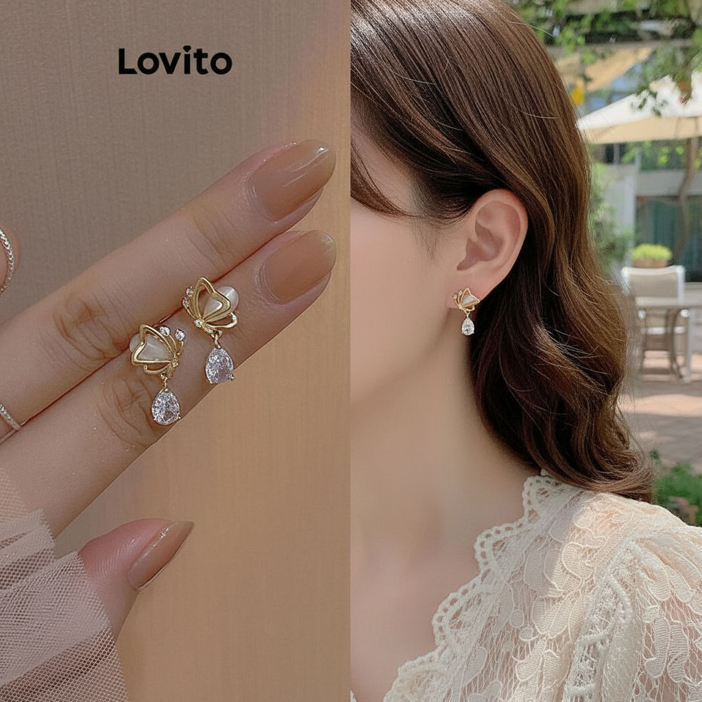(trendy3)Lovito Brincos casuais de strass borboleta para mulheres LFA23330 em Oferta na Shopee
