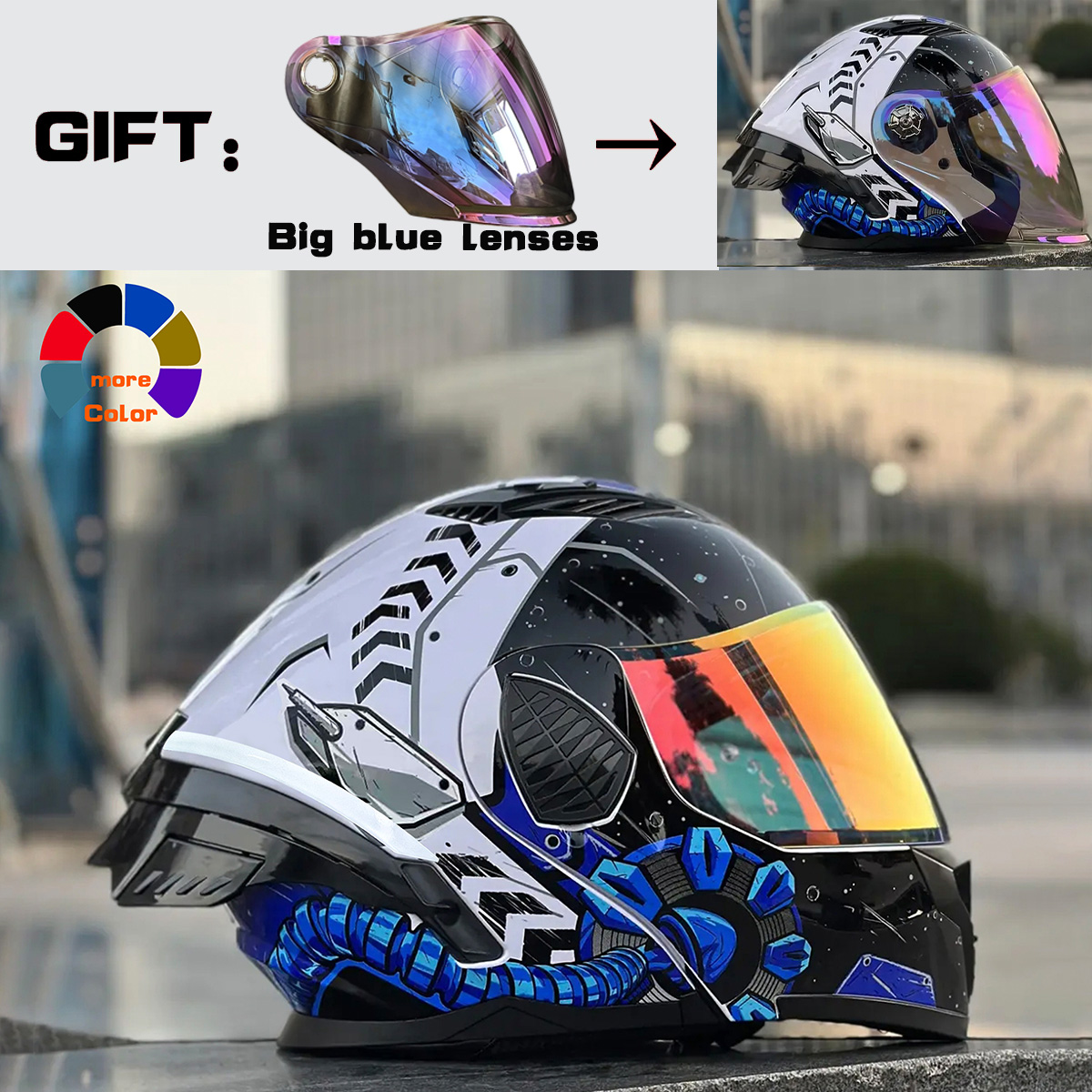 Capacete Articulado DOT Certificado NBTK 3 em 1 Estilo Galáxia Azul – Fechado a Aberto/3/4 | Dupla Viseira | Casco ABS |