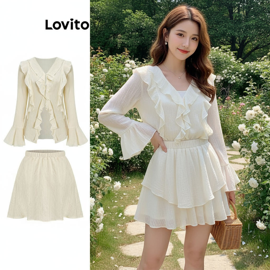 (trendy4)Lovito Top Casual Com Babado Liso Com Forro E Tops De Segurança Ou Saia Para Mulheres L61AD100 em Oferta na Shopee