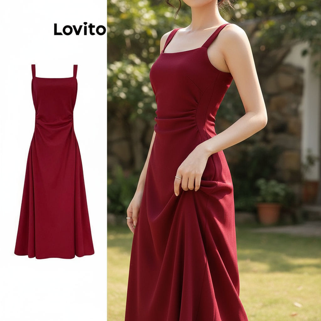 Lovito Vestido Feminino Plissado Liso e Elegante para Mulheres LNM83179 em Oferta na Shopee