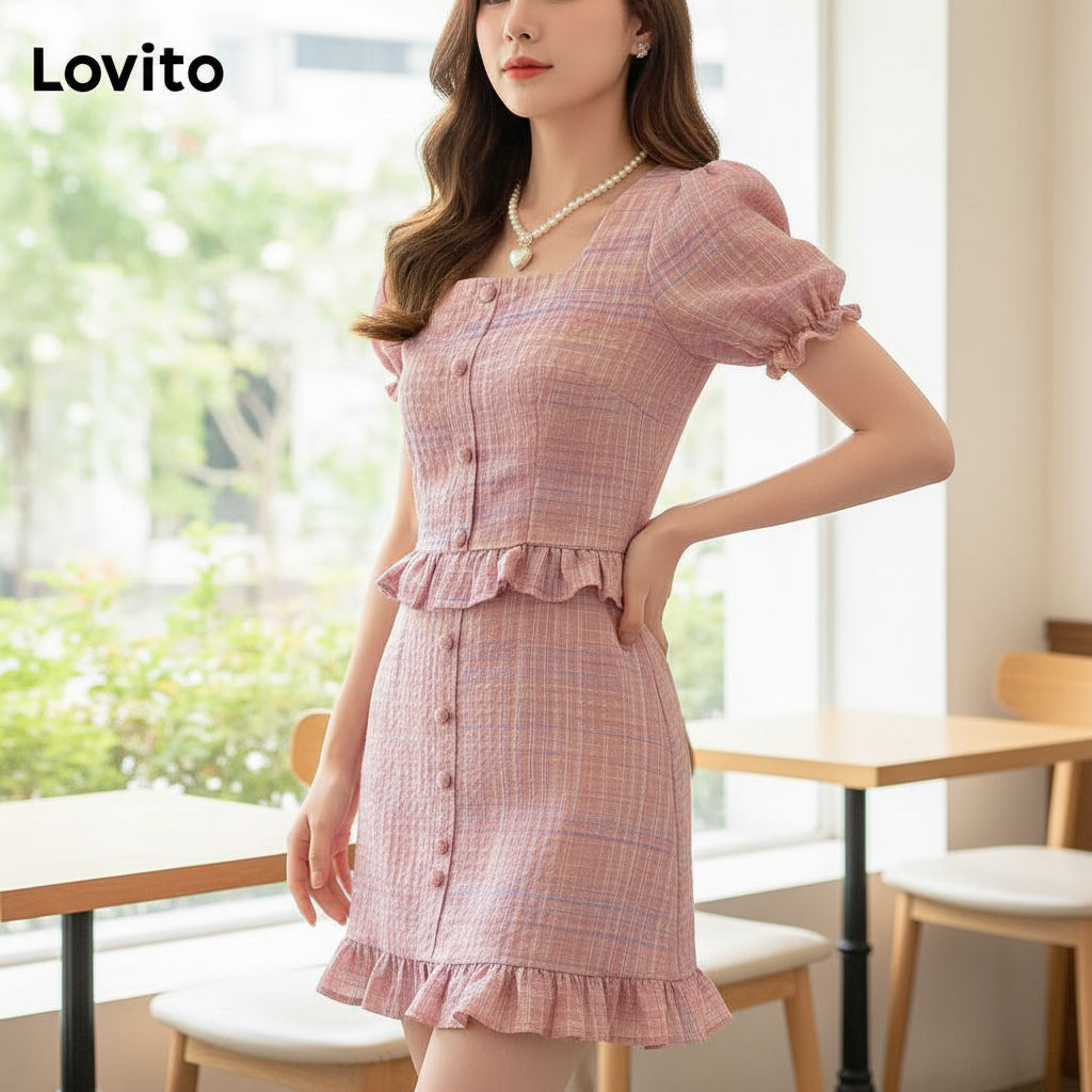 Lovito Saia com Estampa de Vichy e Babado de Renda para Mulheres L58AD145\3