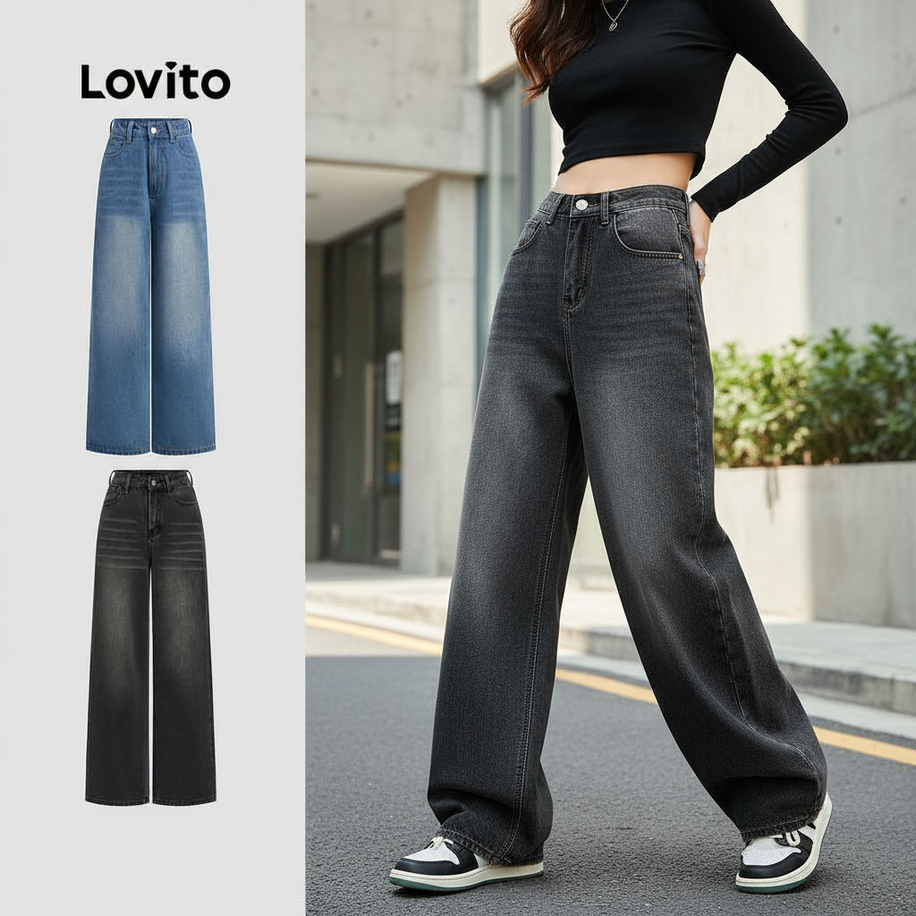 Lovito Jeans Casuais Pocket Jeans para Mulheres com Estampa de Bigodes de Gato L106AD1240 em Oferta na Shopee