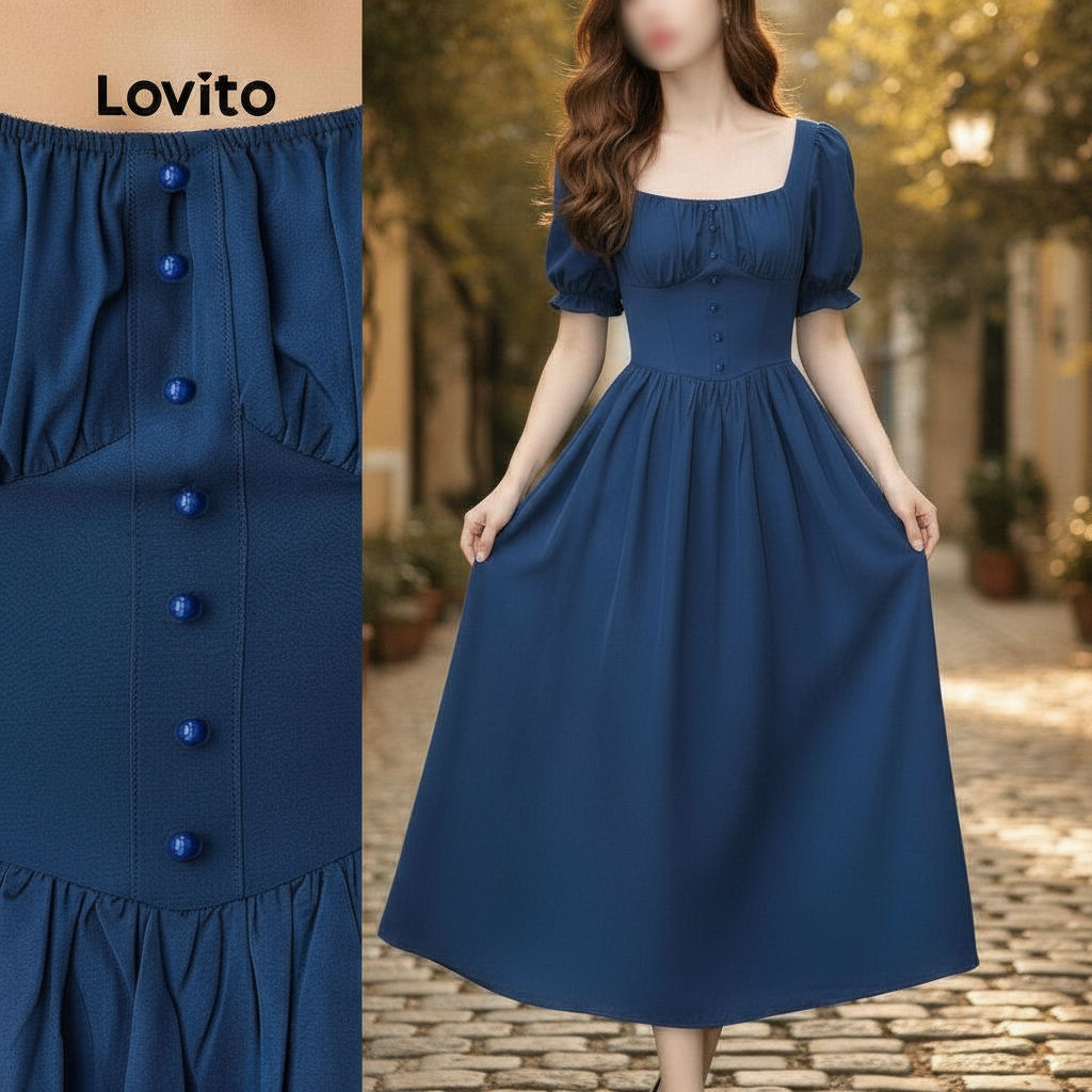 Lovito Vestido Feminino Elegante Liso com Botões Frontais para Primavera/Verão LBL24070 em Oferta na Shopee