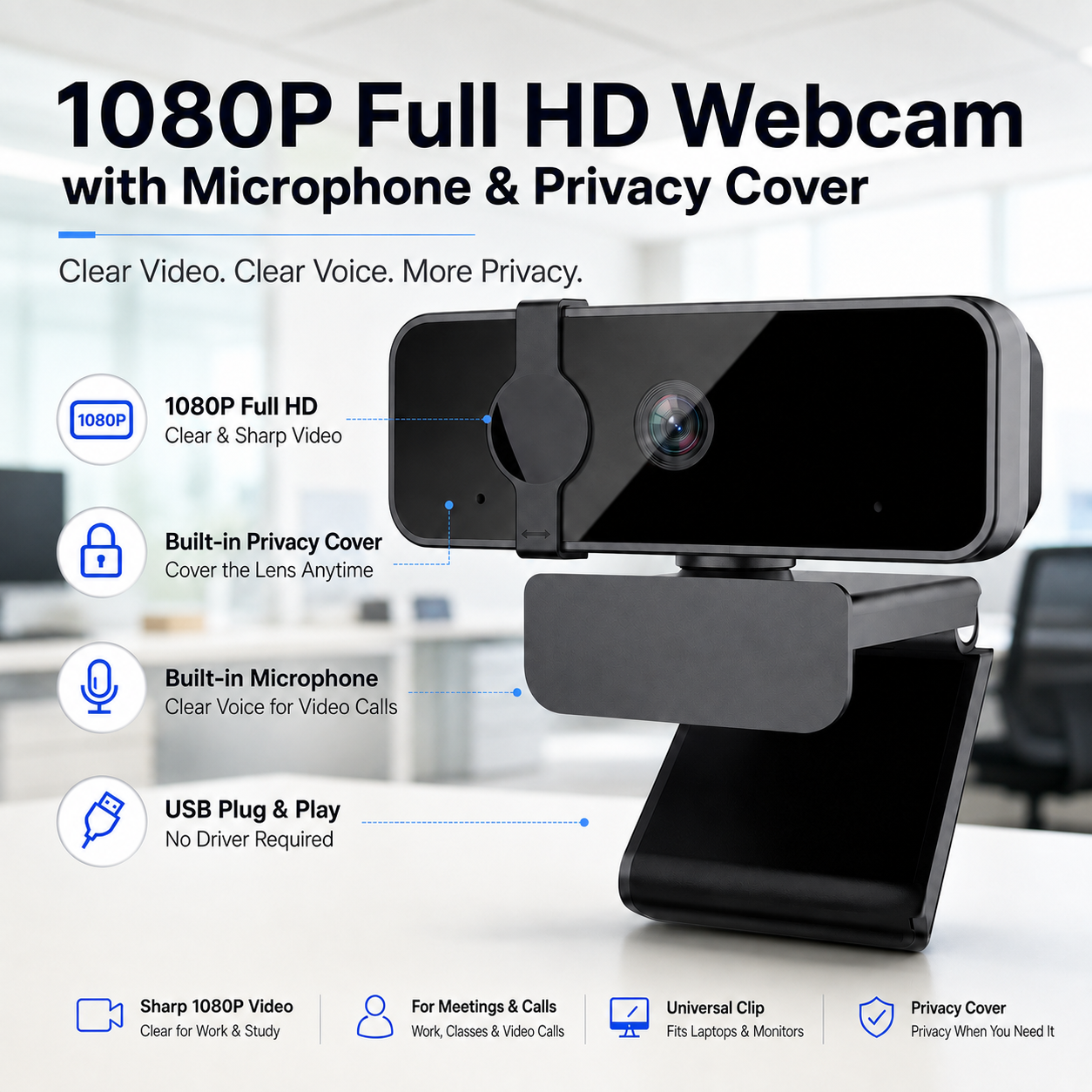Câmera web USB JCL 1080p para PC, notebook e desktop, microfones com redução de ruído, foco fixo com 73° de ângulo de