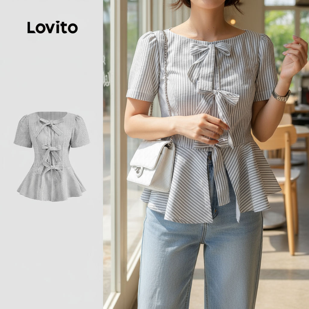 (trendy3) Lovito Blusa Casual listrada com gravata frontal e babados para mulheres L129ED753 em Oferta na Shopee