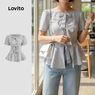 (trendy3) Lovito Blusa Casual listrada com gravata frontal e babados para mulheres L129ED753 em Oferta na Shopee