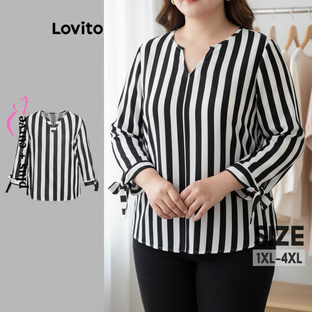 Lovito Blusa Feminina Listrada Plus Size Casual Curve com Cadarço LBL19053 em Oferta na Shopee