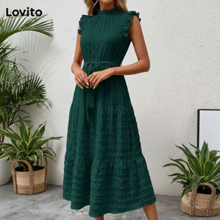 Lovito Vestido Feminino Casual Liso com Babados para Mulheres LNL73072 em Oferta na Shopee