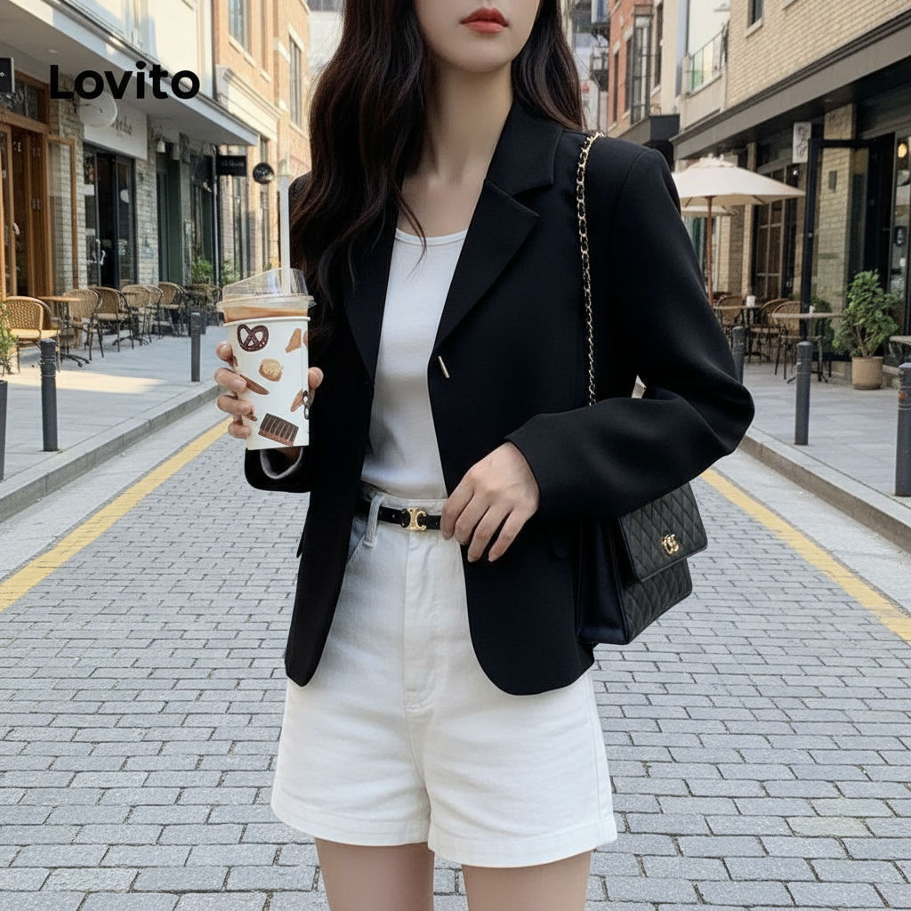 Lovito Blazer Casual Feminino com Estrutura Lisa e Detalhe em Linha Metálica - LAD106019 em Oferta na Shopee