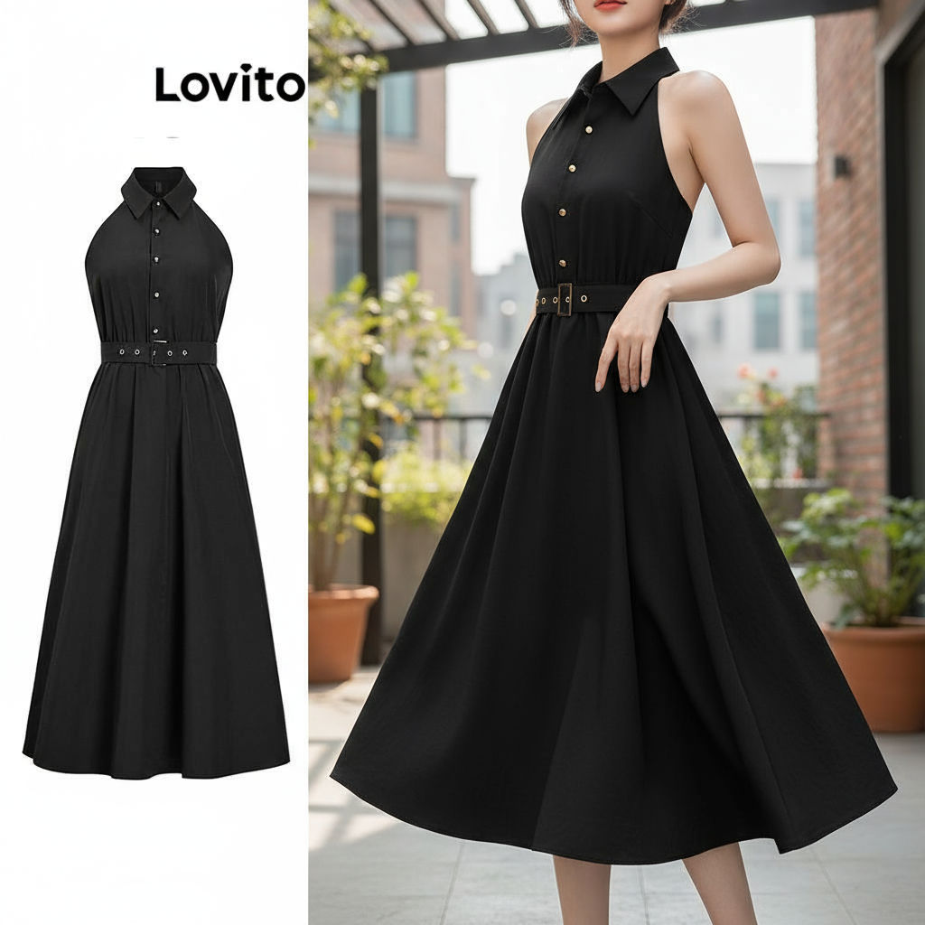 Lovito Vestido Feminino Liso com Cinto Elegante L100MD424 em Oferta na Shopee