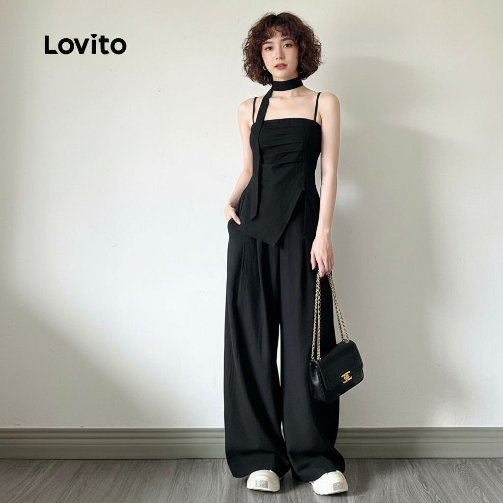 Lovito Conjuntos de Calças Elegantes com Fita Primavera/verão Calças Pretas para mulheres L142LD229\4 em Oferta na Shopee
