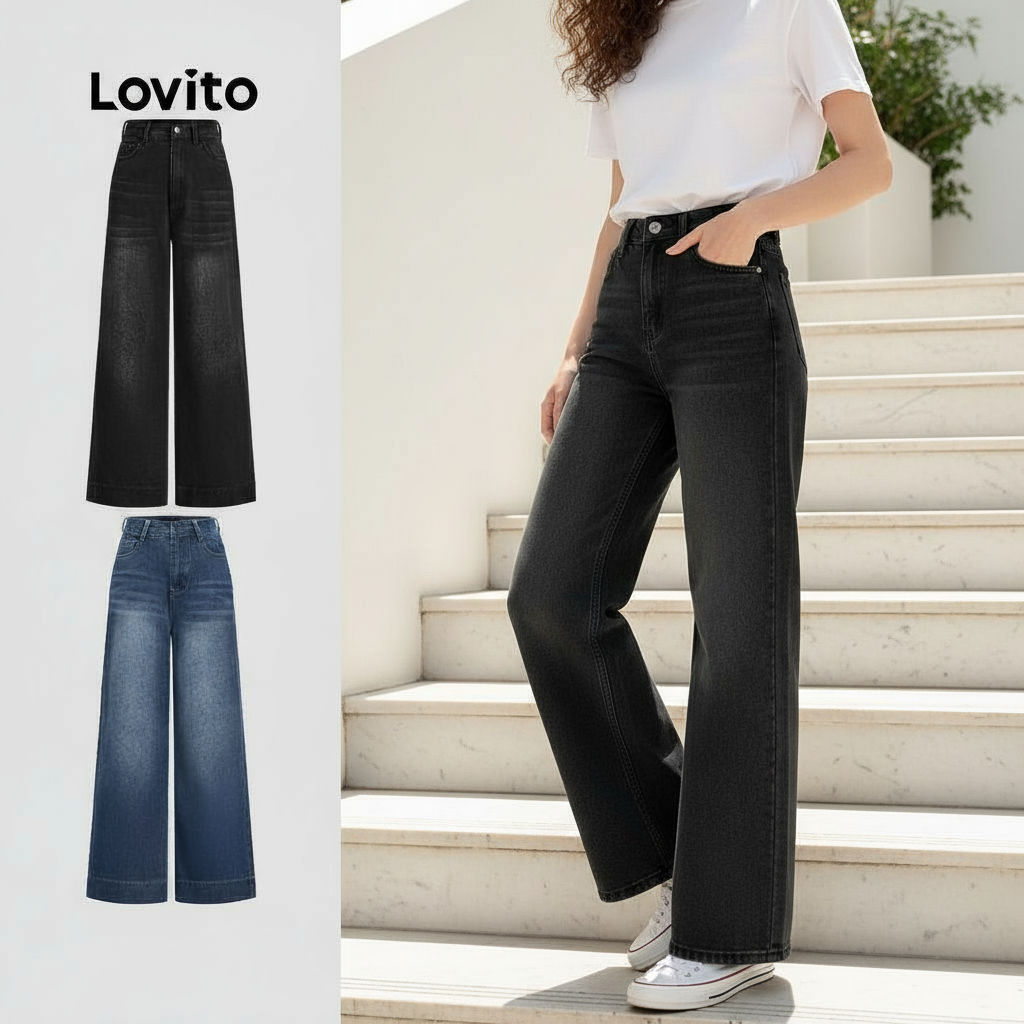 Lovito Calça Jeans Feminina Casual com Bolso Liso Cat's Whiskers para Todas as Estações L102AD460 em Oferta na Shopee