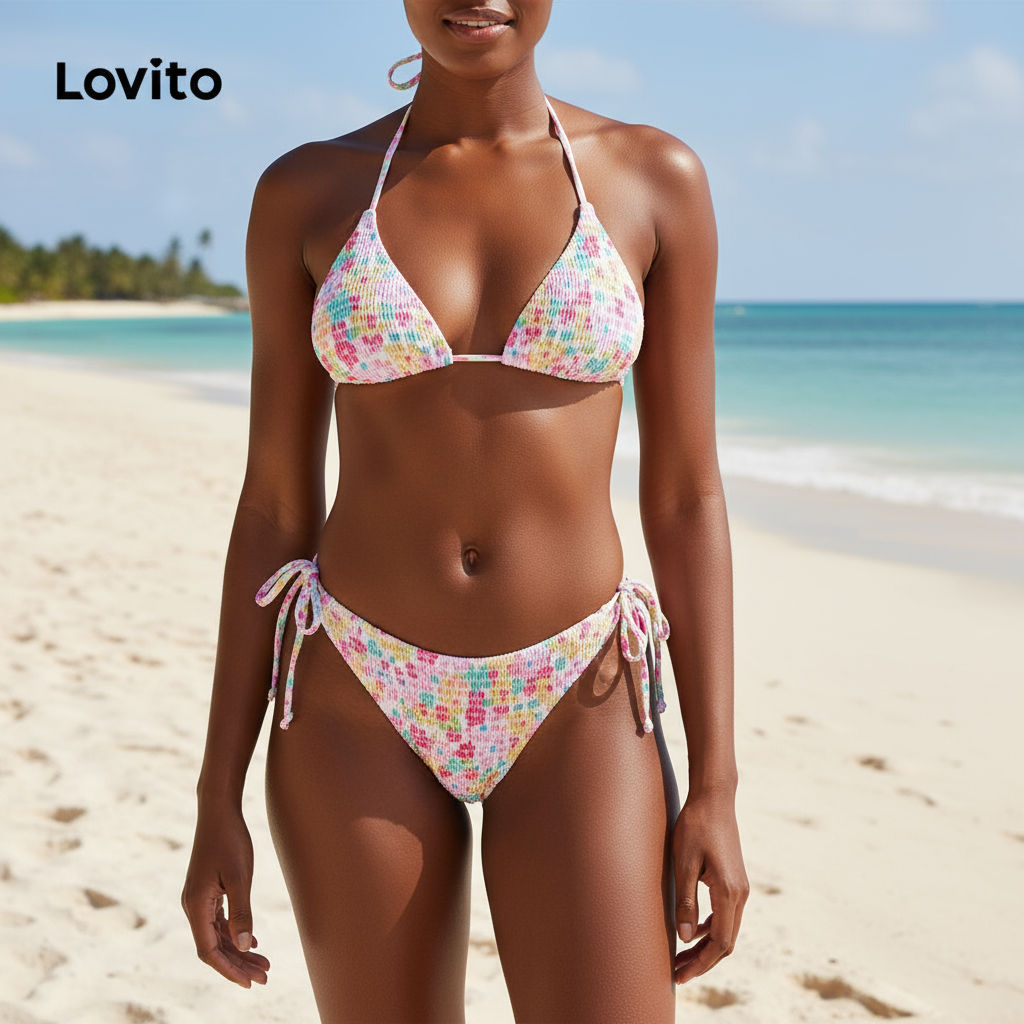 Lovito Conjunto de Biquíni Feminino Ditsy Floral Smocked com Laço para Mulheres LNL43036 em Oferta na Shopee