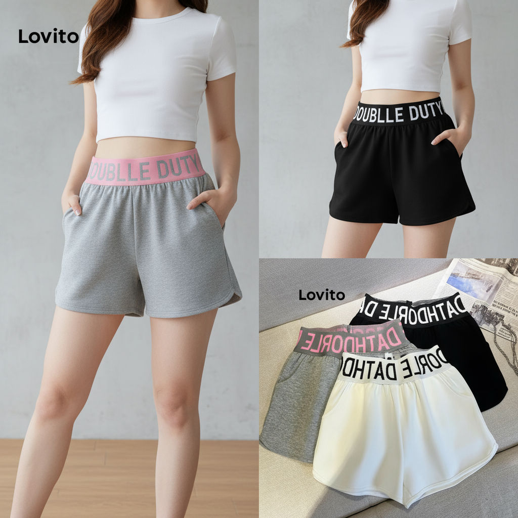 Lovito Shorts Esportivos Femininos Com Estampa De Letras E Bolso Modelo Básico LNL56172