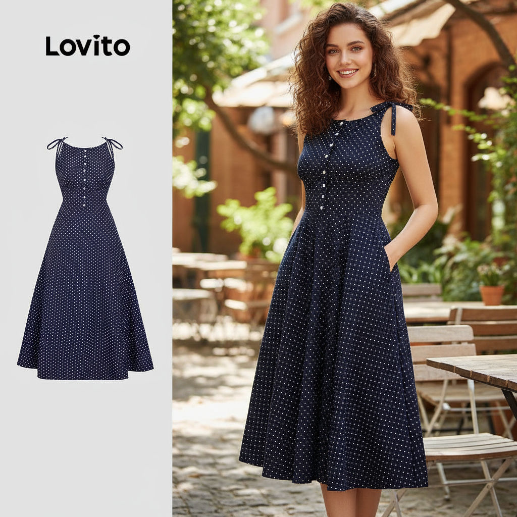 Lovito Vestido Elegante com Botões Na Frente Amarra Na Frente Primavera/verão Vestido Azul prússia L155ED722\4 em Oferta na Shopee