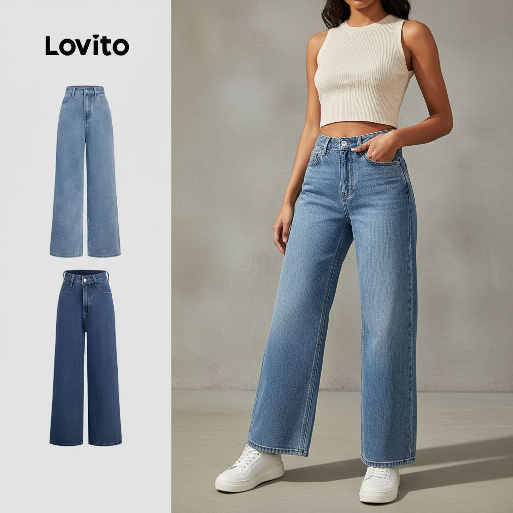Lovito Calça Jeans Feminina Casual com Bolsos, Modelagem Lisa - L118ED181 em Oferta na Shopee