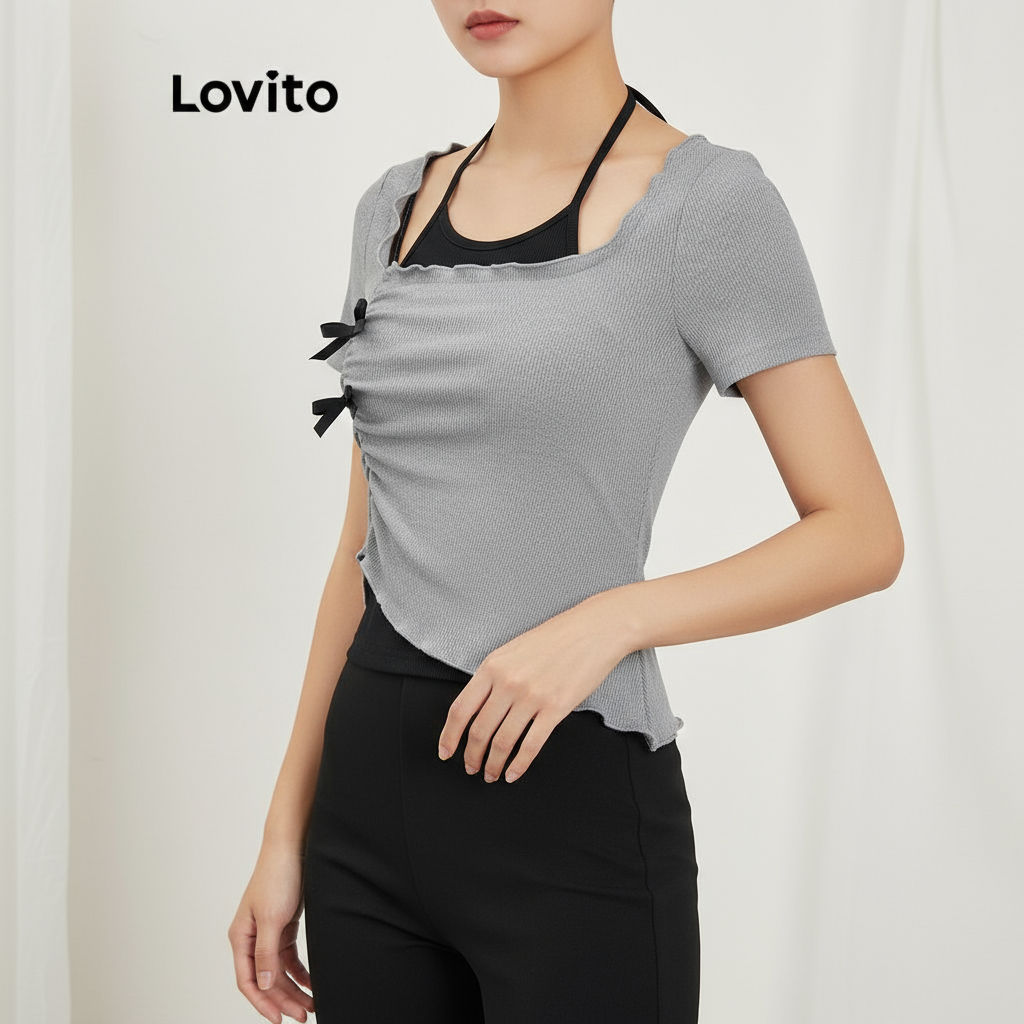 Lovito Blusa Casual Feminina Lisa Falsa 2 Em 1 Frente Com Laço L101AD121