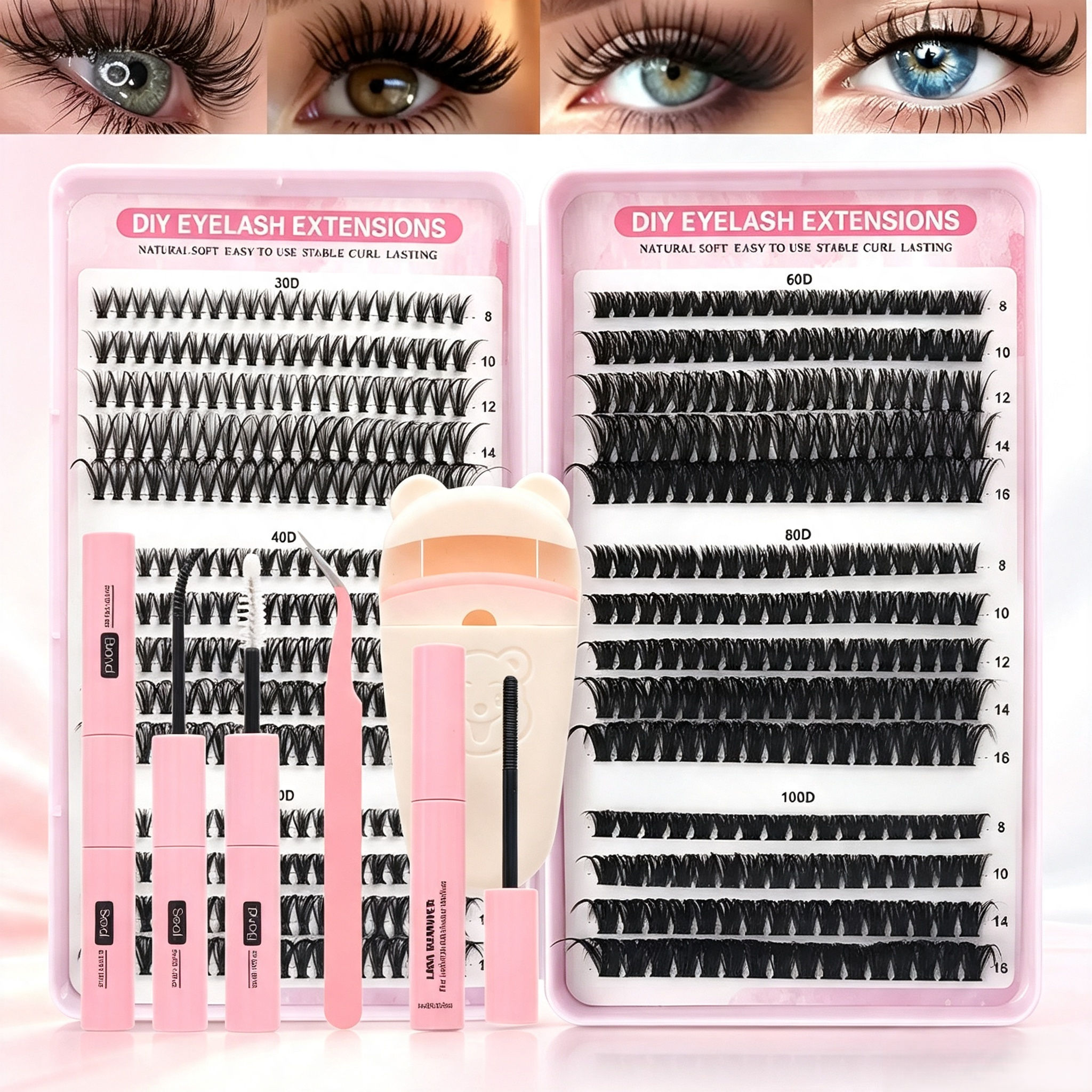 Kit de Cílios Postiços para Iniciantes com Extensão de Cílios, Cola, Selante, Pinça e Curvador