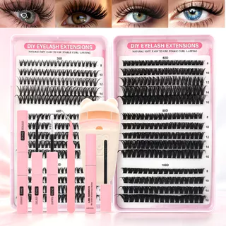 Kit de Cílios Postiços para Iniciantes com Extensão de Cílios, Cola, Selante, Pinça e Curvador