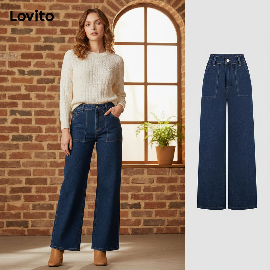 Lovito Jeans Feminino Casual com Bolsos, Botão e Corte Moderno para Todas as Estações - L117AD092 em Oferta na Shopee