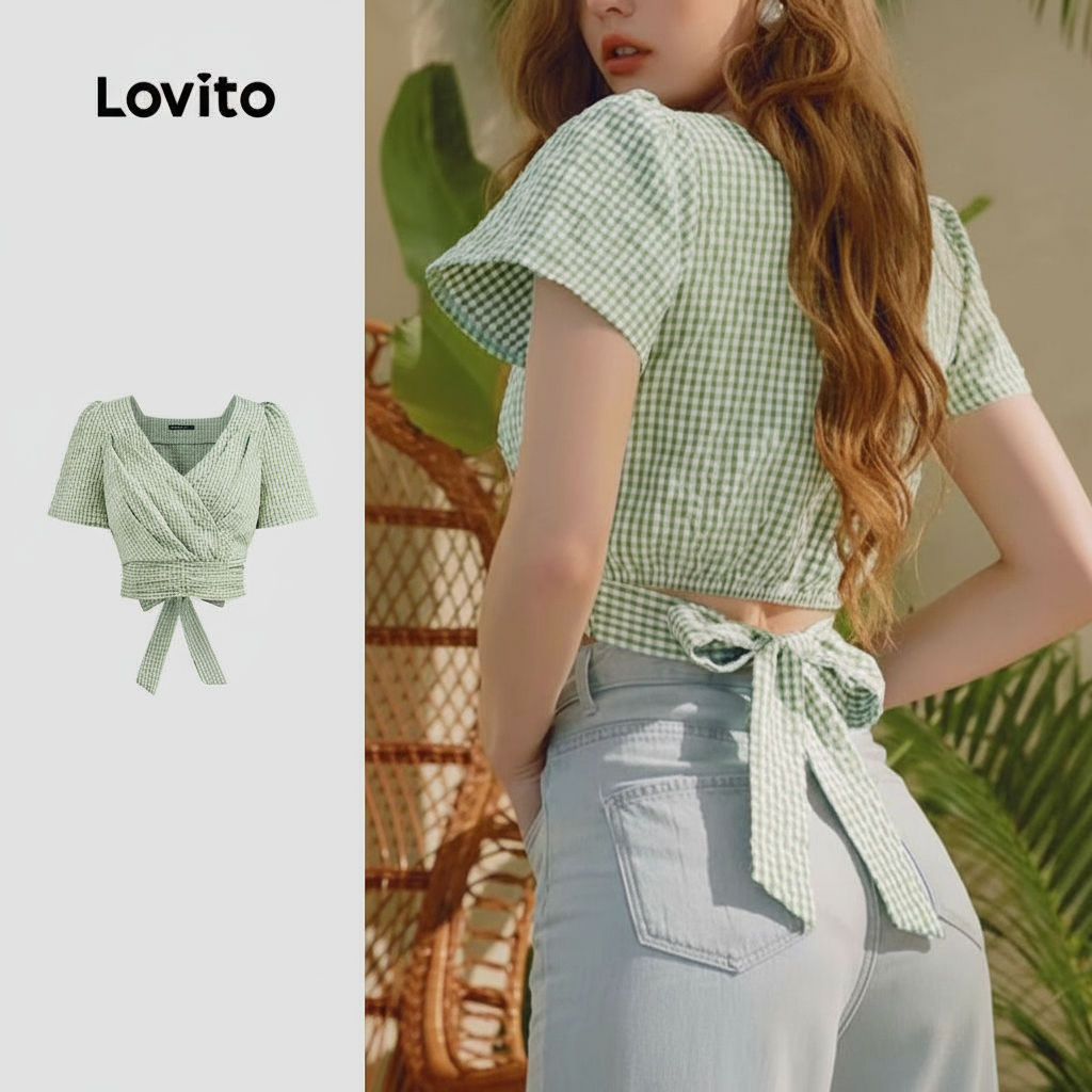 Lovito Casual Blusa Feminina Xadrez com Zíper e Renda Plissada L133ED822
