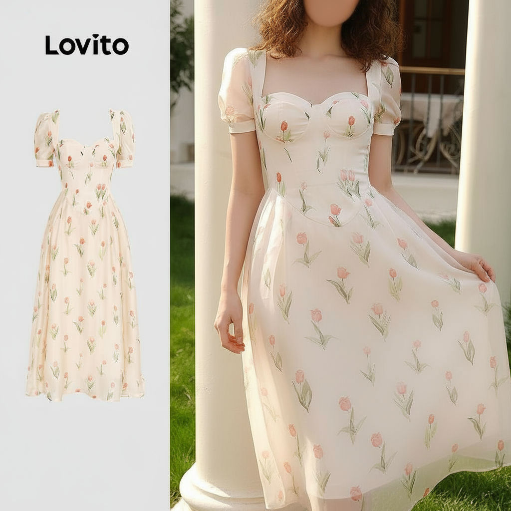 Lovito Vestido Feminino Casual de Feriado Boho com Zíper e Toque Suave para Primavera/Verão LBL26155