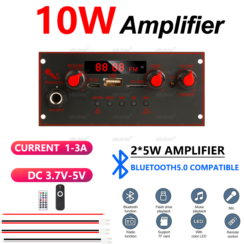Placa amplificadora Bluetooth, módulo de áudio mini 3,7-5V 10W 2×5W com MP3 FM USB TF AUX entrada de microfone, controle