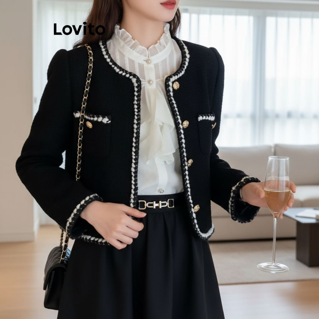 Blazer Casual Feminino Lovito com Bolso Liso e Acabamento Contrastante LNA29012 na Cor Preta em Oferta na Shopee