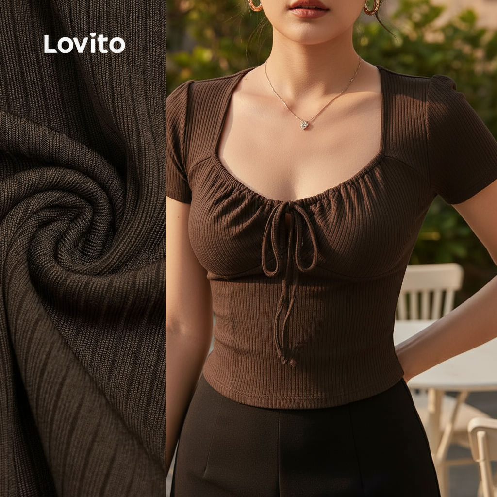 (Trendy2) Lovito Camiseta Casual com Laço Na Frente e Franzido Boa Textura Primavera/verão Camiseta marrom L138ED170 em Oferta na Shopee
