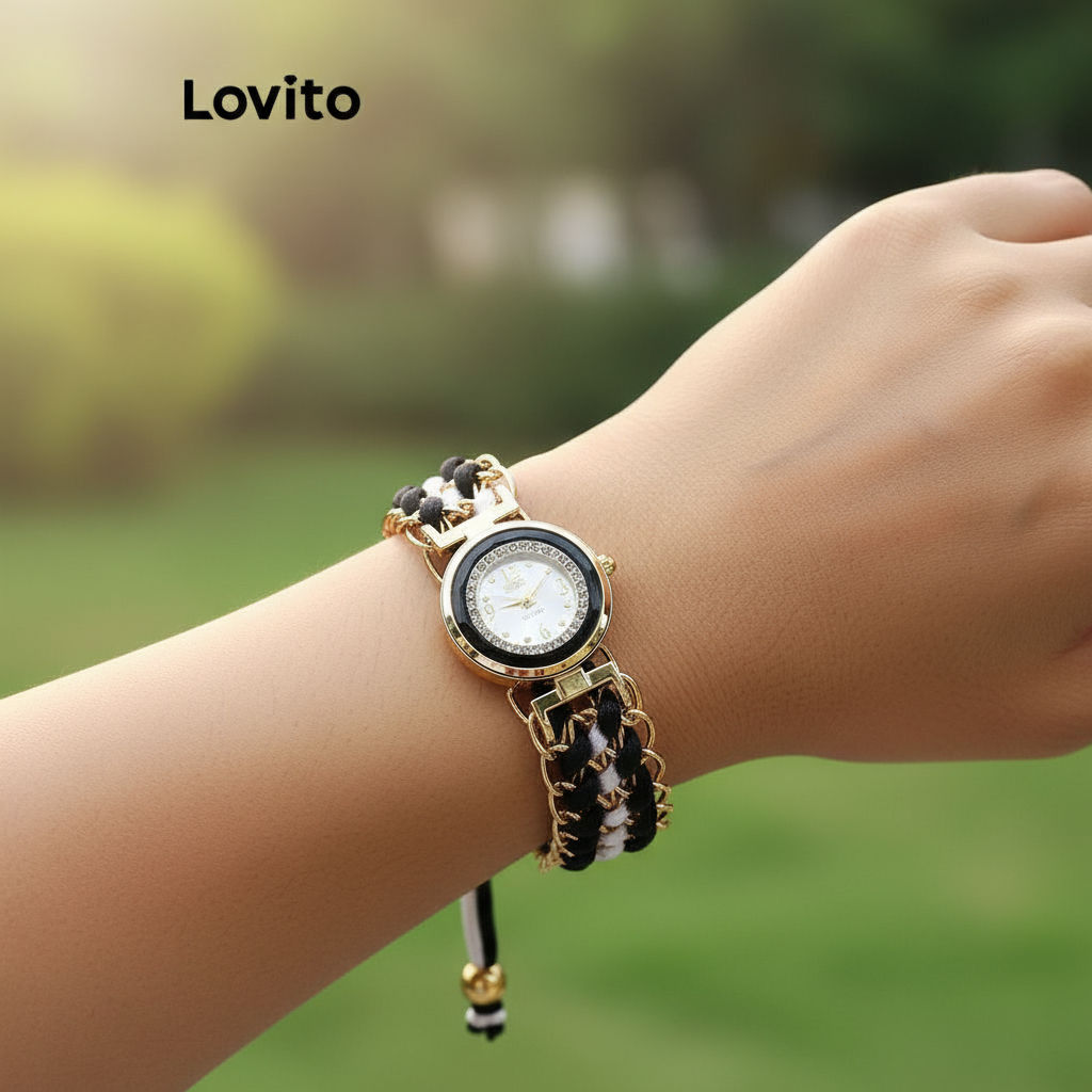 Lovito Relógio feminino casual de quartzo com pulseira trançada em metal colorblock LFA37382 em Oferta na Shopee