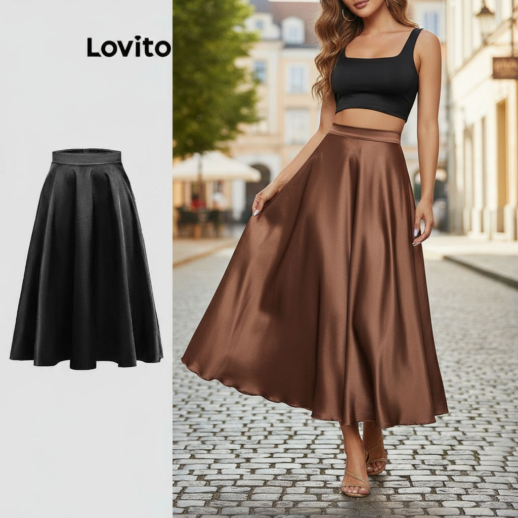 Lovito Saias Femininas Lisas e Elegantes para Verão e Primavera L89ED045 em Oferta na Shopee
