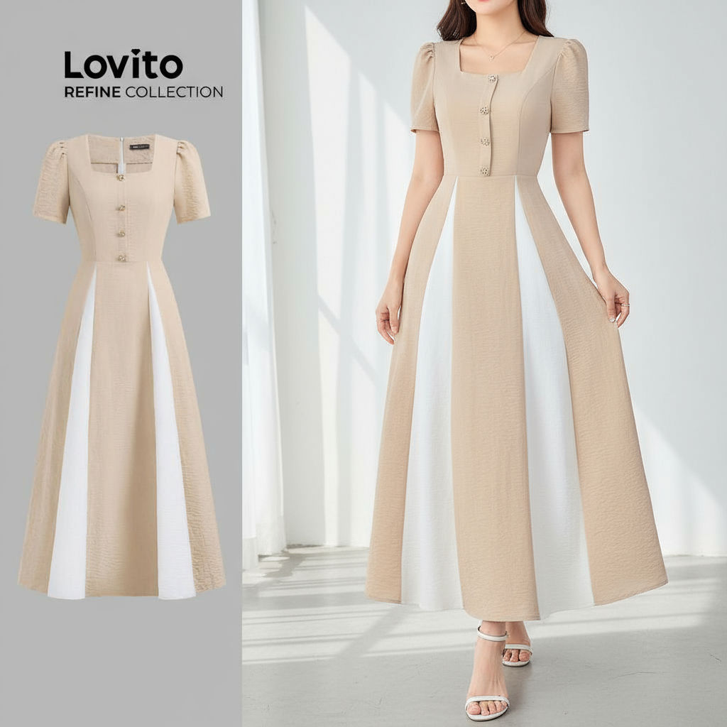 Lovito Vestido Feminino Liso Colorblock Com Botão Primavera/Verão Cáqui Elegante LR11ED016