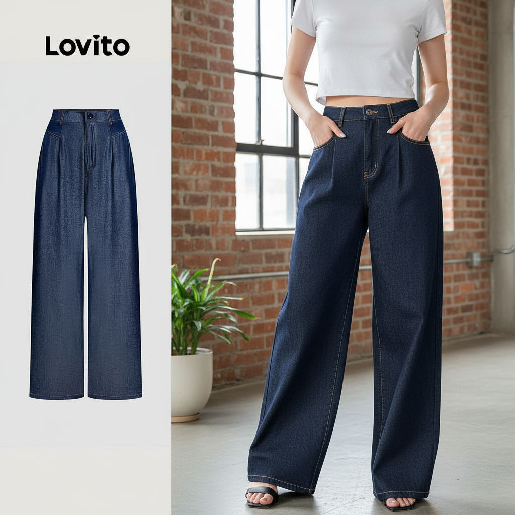 (trendy3) Lovito Calças Elegantes com Linha Estruturada Toque Suave Calças Azulescuro para Todas As Estações LBL26017 em Oferta na Shopee