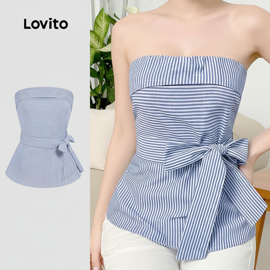 Regata Feminina Casual Listrada com Zíper e Amarração Frontal - Lovito L129AD1477, Verão/Primavera