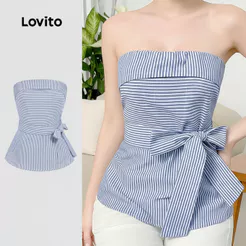 Regata Feminina Listrada com Zíper e Amarração Frontal - Lovito Casual L129AD1477 Verão/Primavera