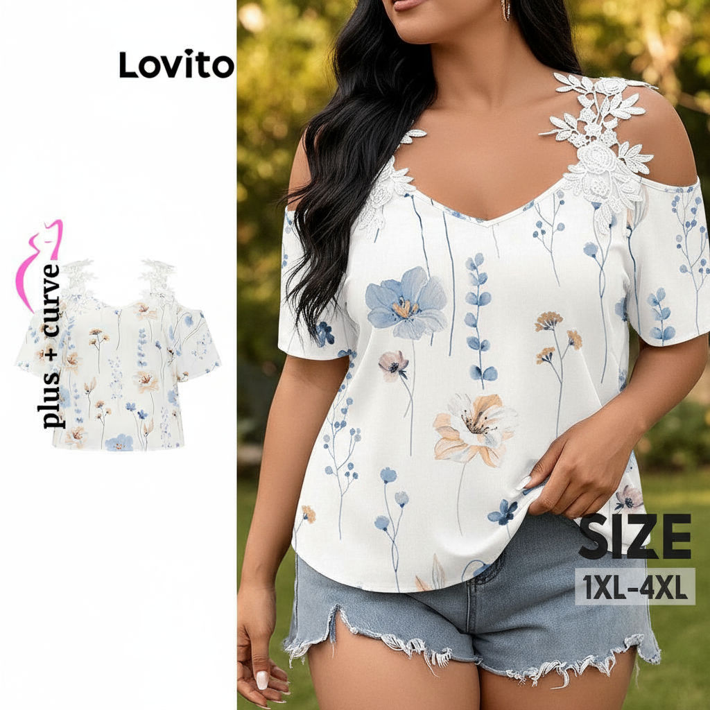 Lovito Blusa Feminina Plus Size Estampa Floral Ombro à Mostra LBL18610