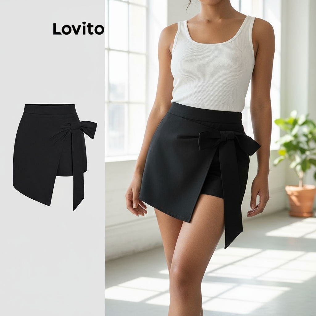 Lovito Shorts Femininos Verão Frente Lisa Com Laço Elegante L113MD581 em Oferta na Shopee