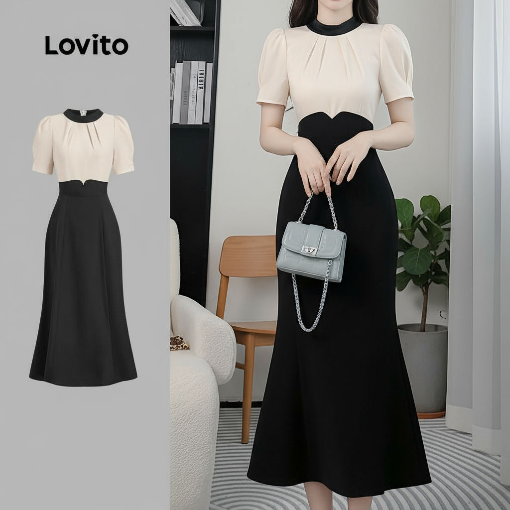 Lovito Vestido Feminino Casual Liso Plissado Colorblock Multicolorido Verão Primavera L134ED360