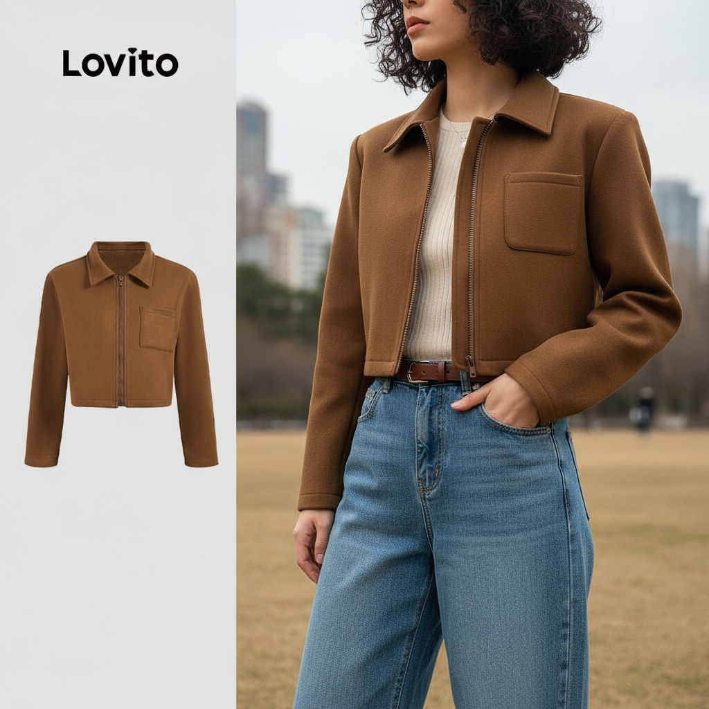 Lovito Casaco Feminino Casual Com Fecho E Bolsos Decorativos Para Outono Inverno LBL24450\5 em Oferta na Shopee