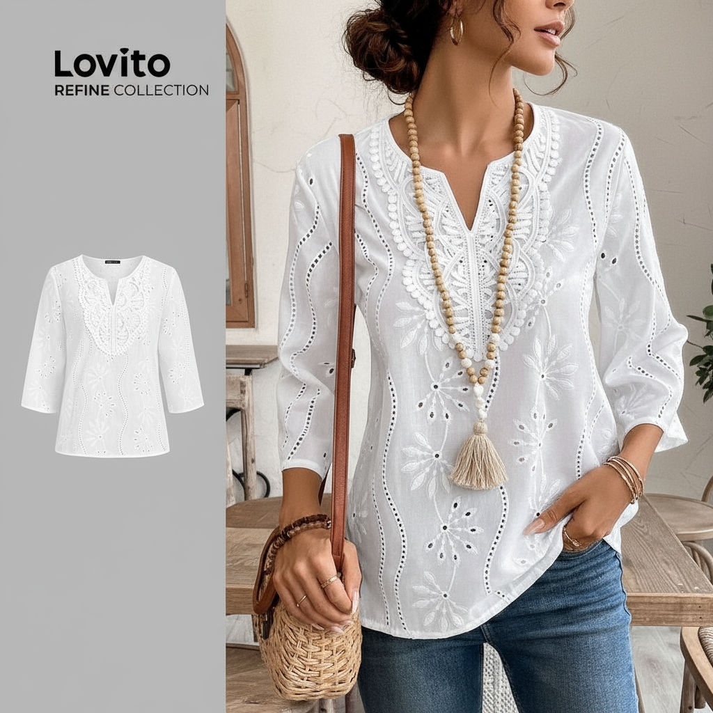 Blusa Feminina Casual Bordada Ilhós e Renda Branca Lovito Refine em Oferta na Shopee