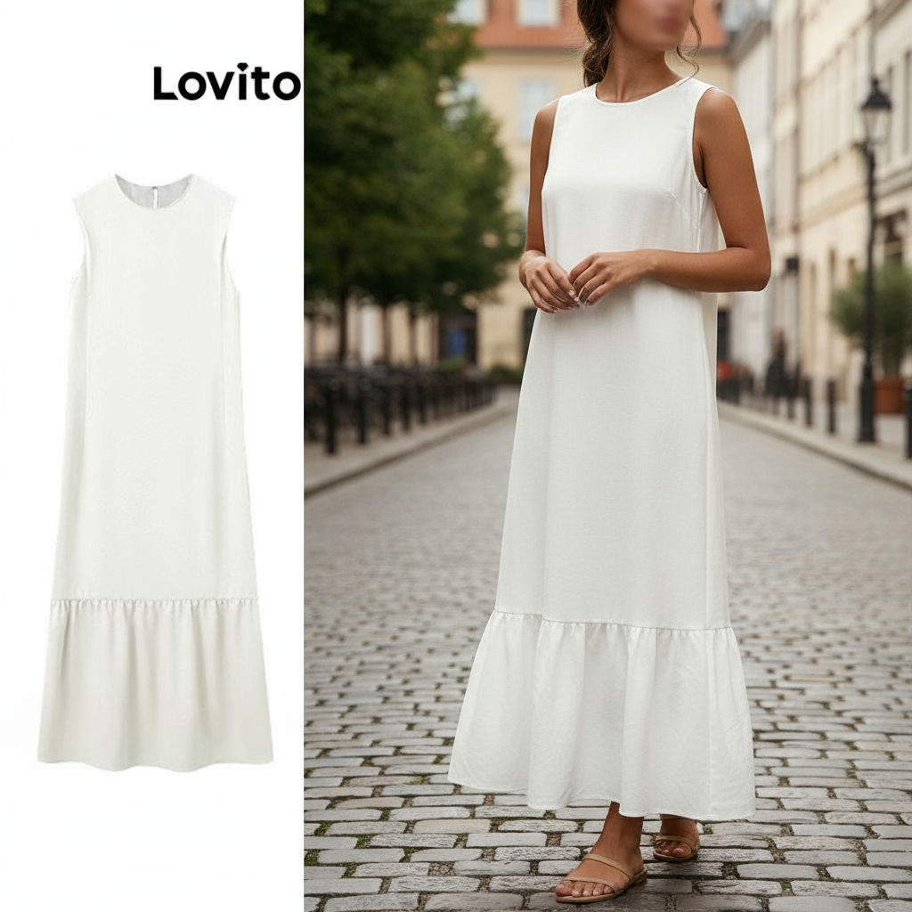 Lovito Vestido Feminino Casual com Babados na Barra para Primavera/Verão LNE66494 em Oferta na Shopee