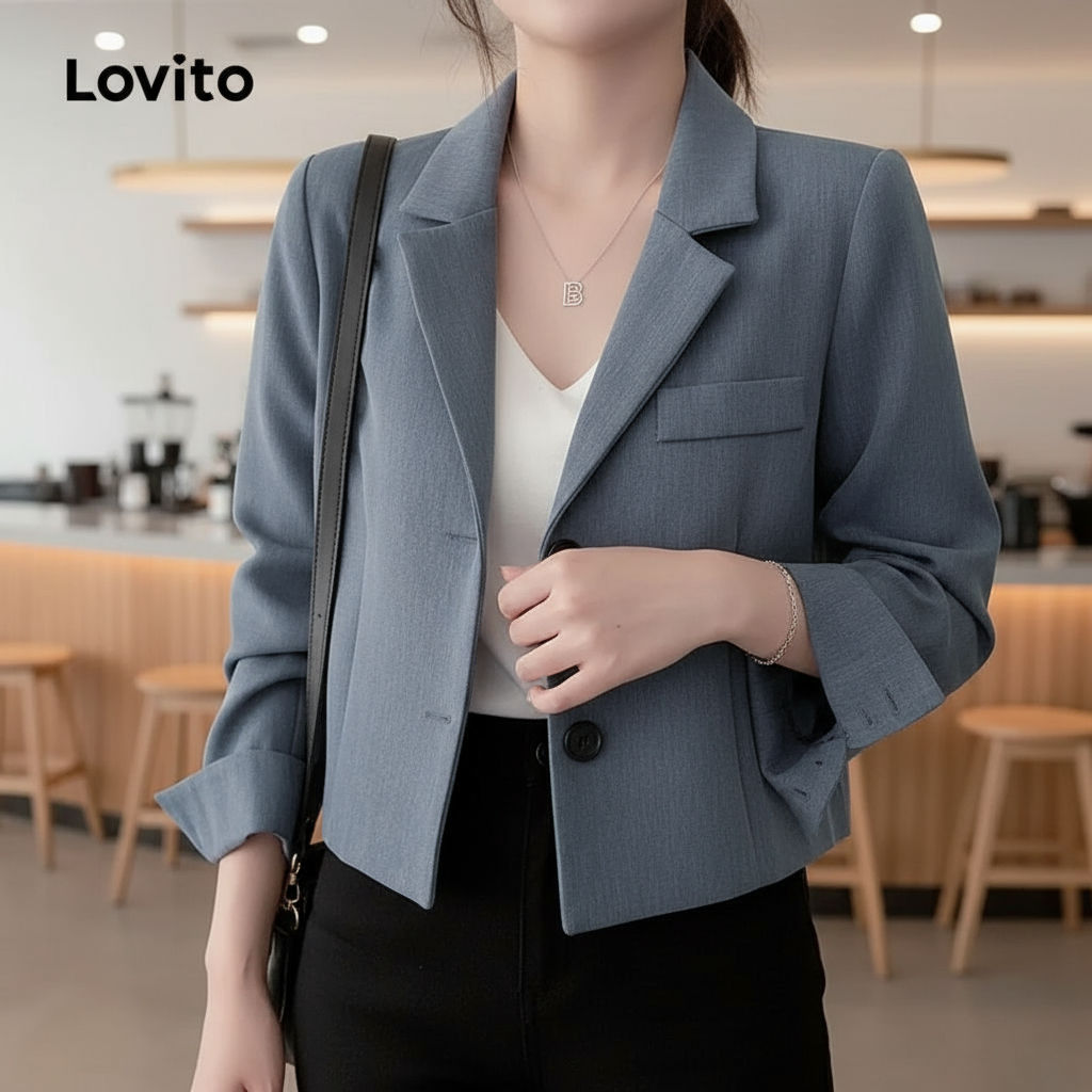 Lovito Blazer Feminino Casual com Botão e Bolso Liso - LNE36029 (Cáqui, Cinza, Off-White, Preto) em Oferta na Shopee