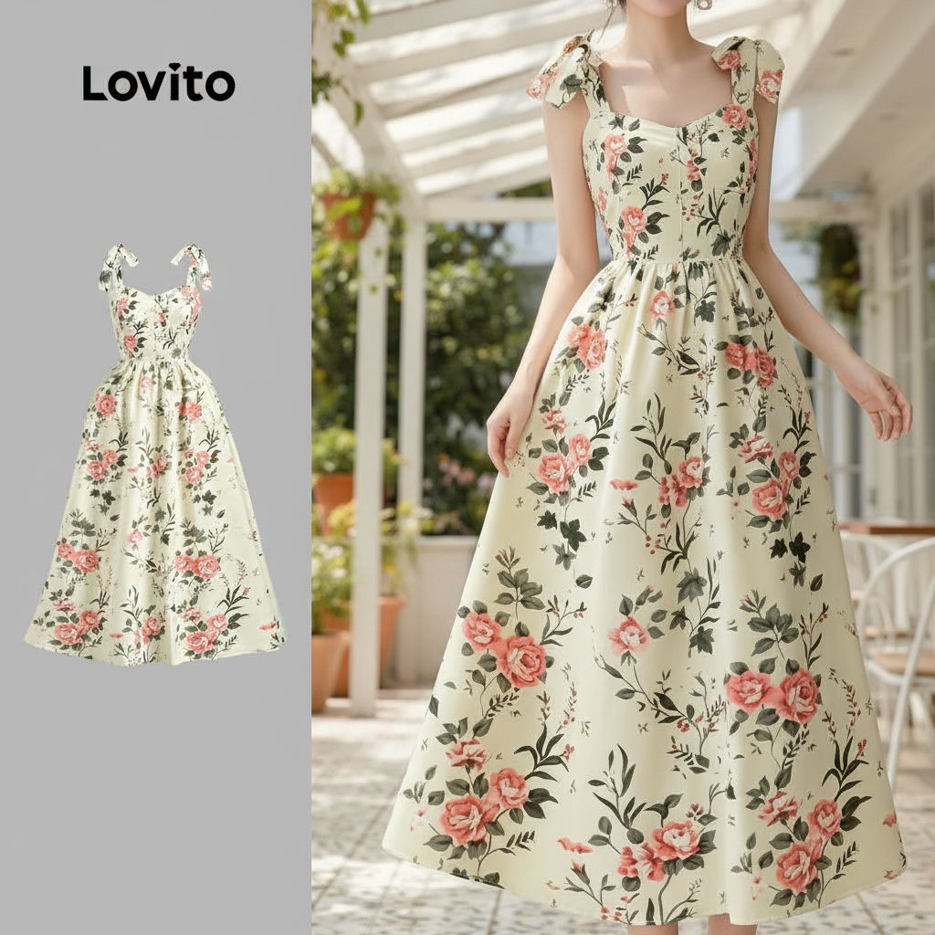Lovito Vestido Casual Feminino Floral Tecido Costurado Verão/Primavera L131LD1304 em Oferta na Shopee