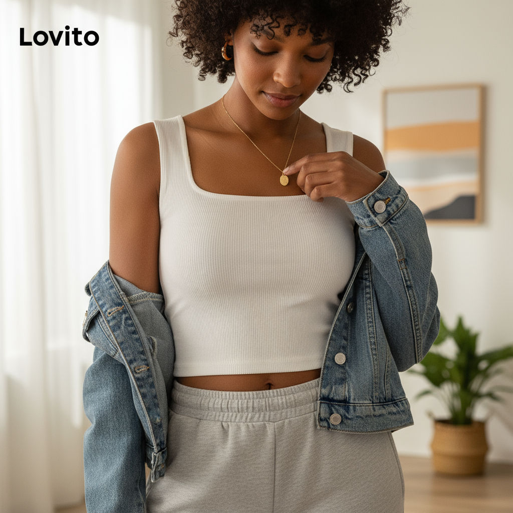 Regata Feminina Casual Lovito com Bojo para Verão/Primavera LNL35025 em Oferta na Shopee