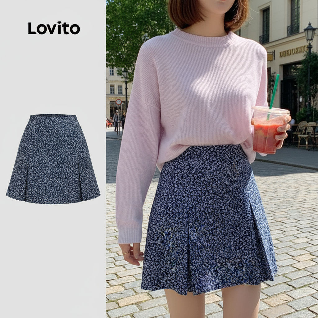 Lovito Saias Azuis Femininas com Estampa Floral Discreta para Primavera/Verão L136AD298 em Oferta na Shopee