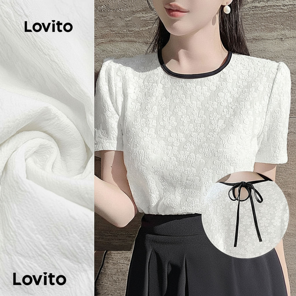 Blusa Feminina Lovito com Encadernação, Gravata e Laço nas Costas, Tecido Texturizado para Verão/Primavera L129AD1038